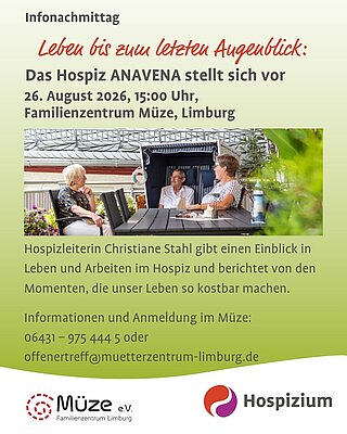 Einladung zum Vortrag "Leben bis zum letzten Augenblick" am 26. August 2026 im Mütterzentrum Limburg.