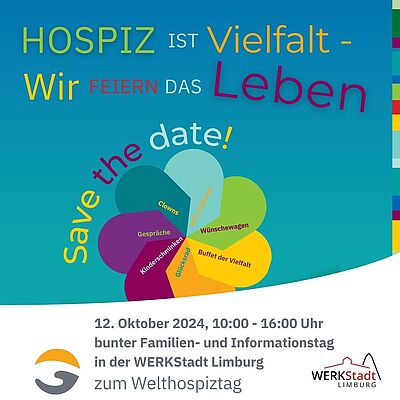 Grafik mit einer bunten Blume auf blauem Hintergrund. Die Überschrift lautet: Hospiz ist Vielfalt. Wir feiern das Leben.