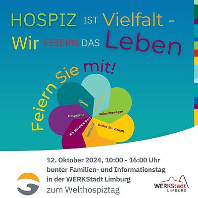 Grafik mit einer bunten Blume auf blauem Hintergrund. Die Überschrift lautet: Hospiz ist Vielfalt. Wir feiern das Leben.