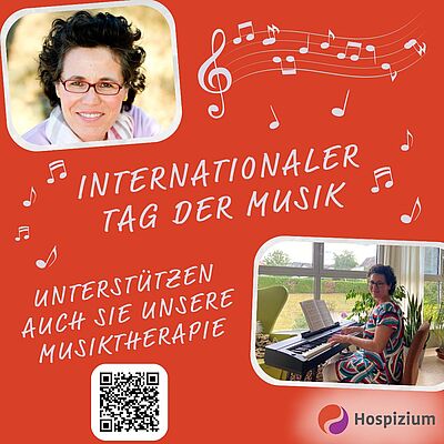 Auf rotem Hintergrund sind zwei Fotos der Musiktherapeutin platziert, sowie der Schriftzug: "Internationaler Tag der Musik - Unterstützen auch Sie unsere Musiktherapie" mit einem QR-Code