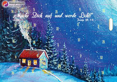 Kreidezeichnung eines Häuschens mit rotem Dach in einer Winternacht. Es liegt Schnee, aus den Fenstern des Hauses leuchtet Licht. Auf der Grafik steht der Spruch "Mache dich auf und werde Licht".