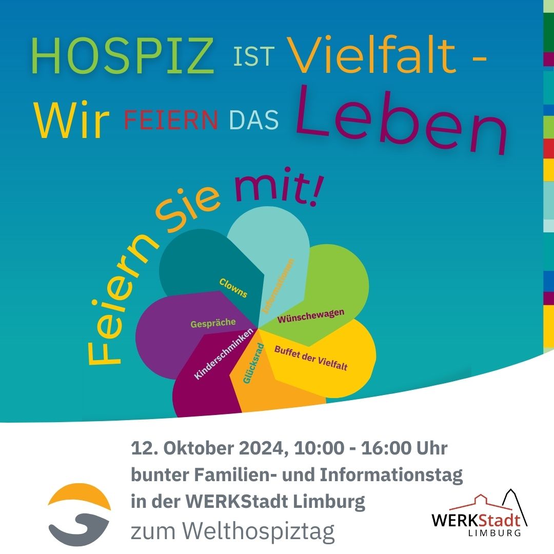 Grafik mit einer bunten Blume auf blauem Hintergrund. Die Überschrift lautet: Hospiz ist Vielfalt. Wir feiern das Leben.